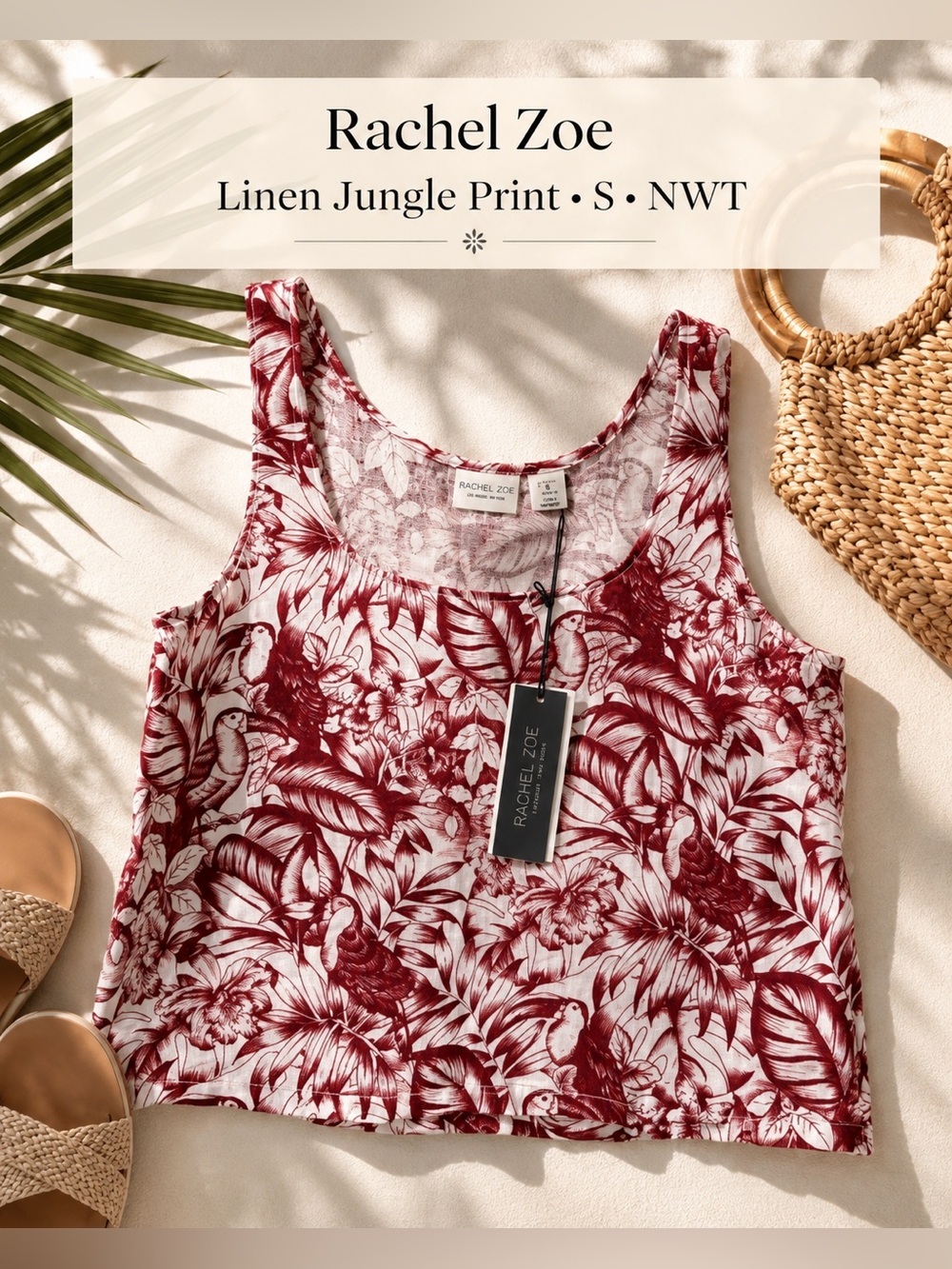 Rachel Zoe Linen Toucan Jungle Print Crop Tank Top Size S NWT